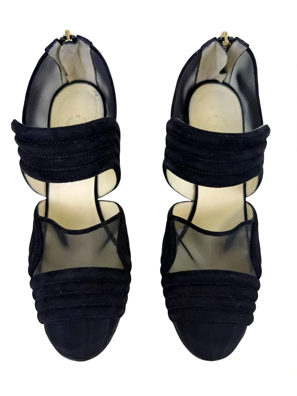 CHANEL BLACK SUEDE AND MESH SCULPTURAL HEEL PUMPS